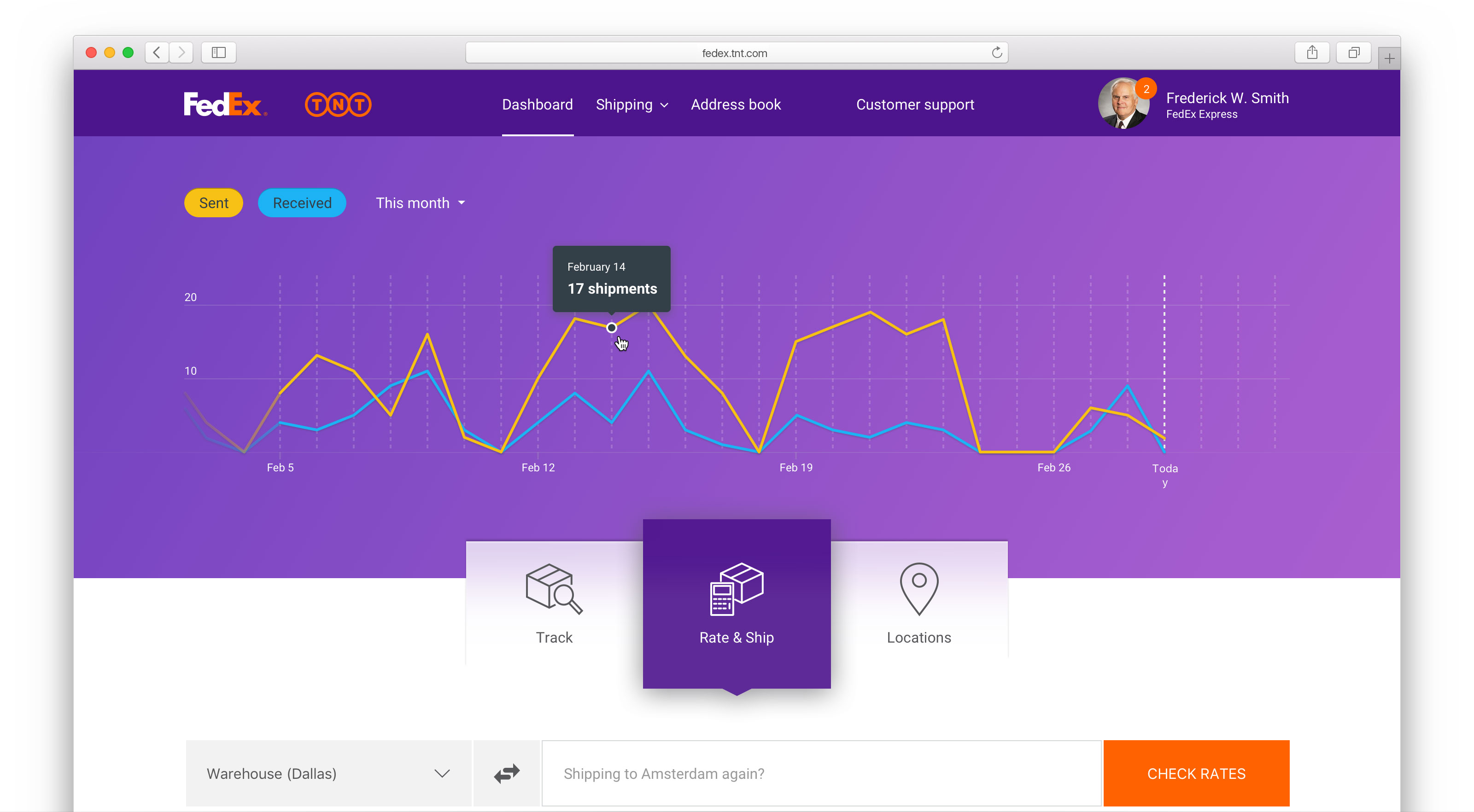 Screenshots of the FedEx shipments dashboard